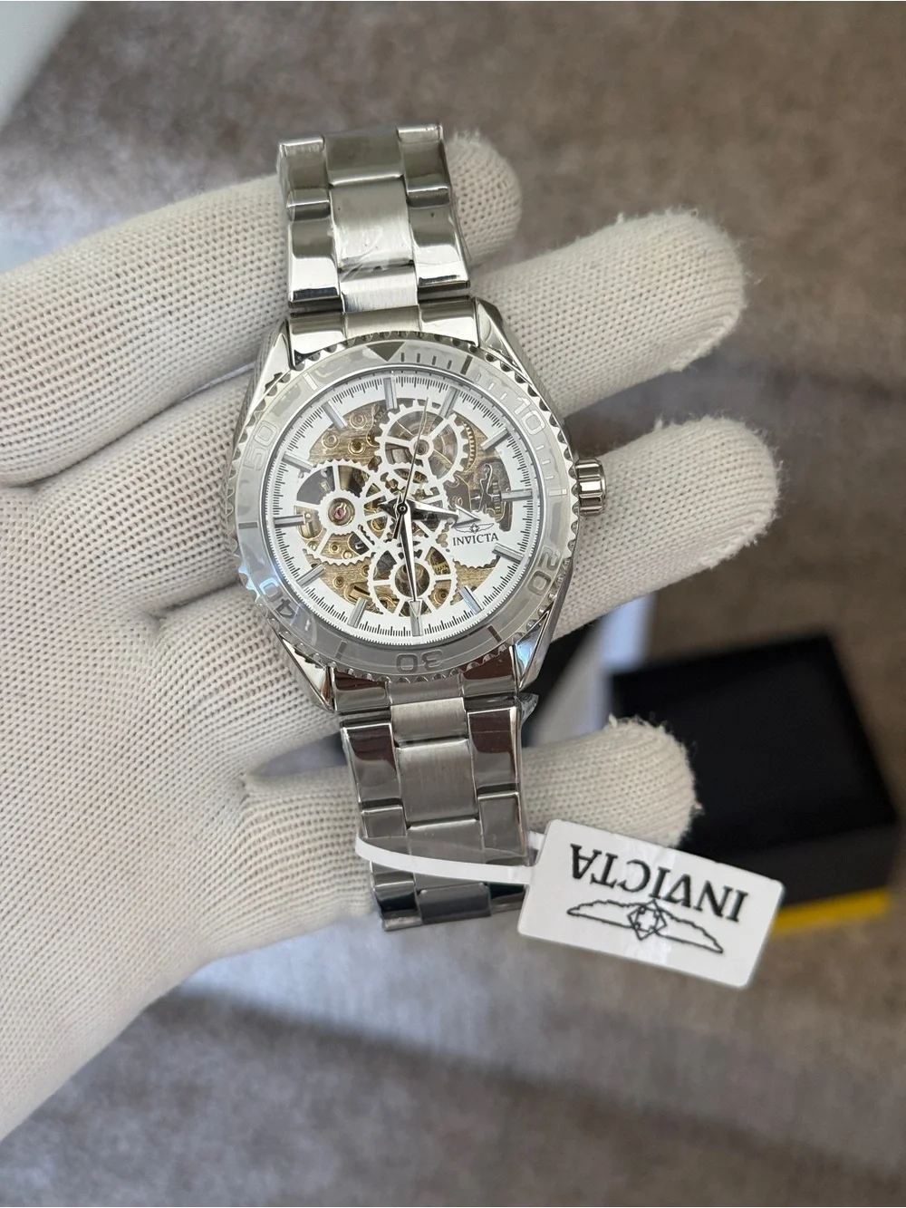 Invicta Silver Skeleton Mechanical Objet D Art Men Watch - Silver/Gold Dial